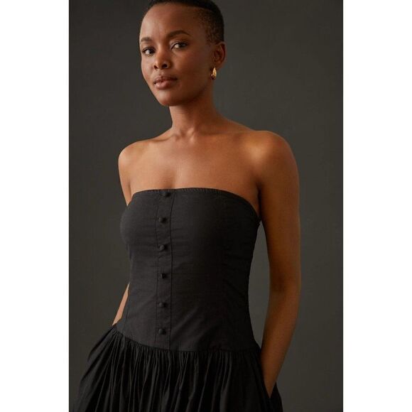 NEW ANTHROPOLOGIE LOVE THE LABEL CORSETED STRAPLESS MIDI DRESS BLACK - Picture 2 of 4